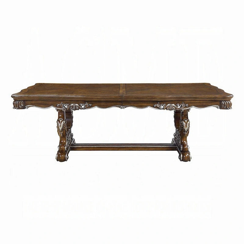 Table à manger, garniture sculptée argentée, chêne antique classique 90-114 pouces