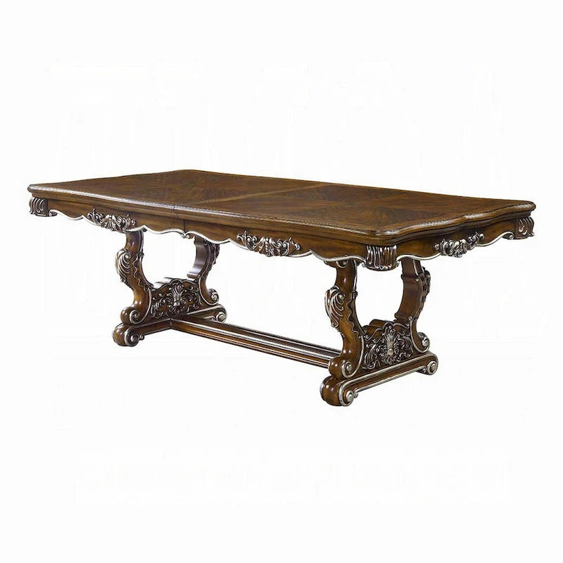 Table à manger, garniture sculptée argentée, chêne antique classique 90-114 pouces