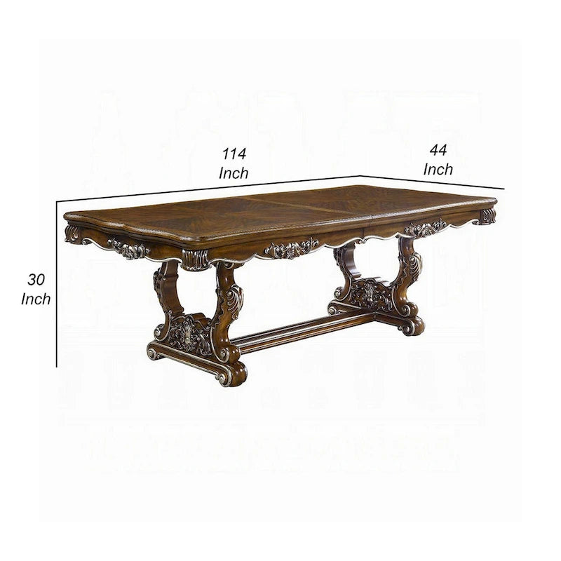 Table à manger, garniture sculptée argentée, chêne antique classique 90-114 pouces