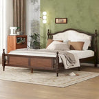 Lit Queen en bois de pin avec tête de lit capitonnée et pied de lit à panneaux, rangement dissimulé, noyer