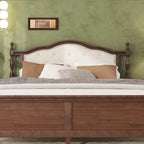 Lit Queen en bois de pin avec tête de lit capitonnée et pied de lit à panneaux, rangement dissimulé, noyer
