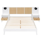Lit Queen Size en Bois Massif avec 2 Tables de Chevet, Lampes Intégrées, Design Rotin et Bois, Blanc
