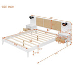 Lit Queen Size en Bois Massif avec 2 Tables de Chevet, Lampes Intégrées, Design Rotin et Bois, Blanc