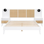 Lit Queen Size en Bois Massif avec 2 Tables de Chevet, Lampes Intégrées, Design Rotin et Bois, Blanc