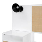 Lit Queen Size en Bois Massif avec 2 Tables de Chevet, Lampes Intégrées, Design Rotin et Bois, Blanc