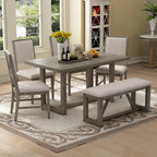 Table à manger 6 pièces avec plateau rectangulaire en bois d'acacia, 4 chaises et 1 banc