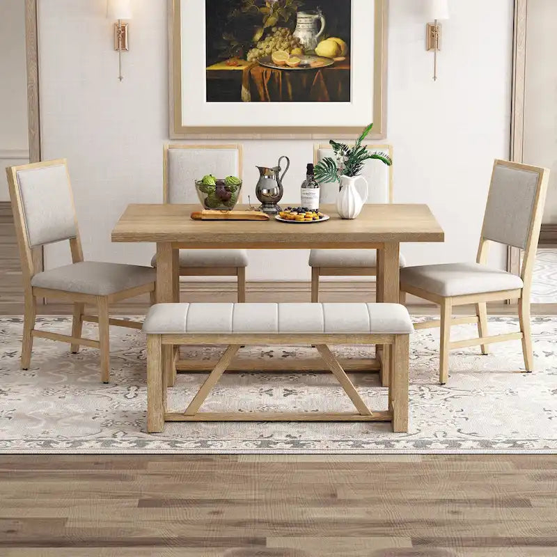 Table à manger 6 pièces avec plateau rectangulaire en bois d'acacia, 4 chaises et 1 banc