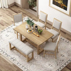 Table à manger 6 pièces avec plateau rectangulaire en bois d'acacia, 4 chaises et 1 banc