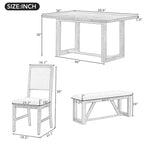 Table à manger 6 pièces avec plateau rectangulaire en bois d'acacia, 4 chaises et 1 banc
