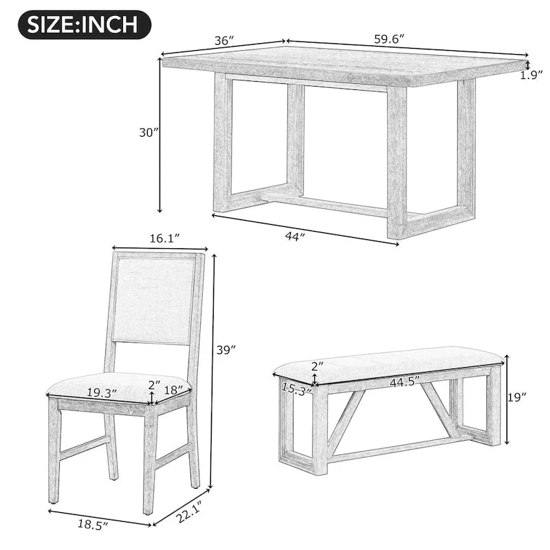Table à manger 6 pièces avec plateau rectangulaire en bois d'acacia, 4 chaises et 1 banc