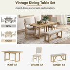 Table à manger 6 pièces avec plateau rectangulaire en bois d'acacia, 4 chaises et 1 banc