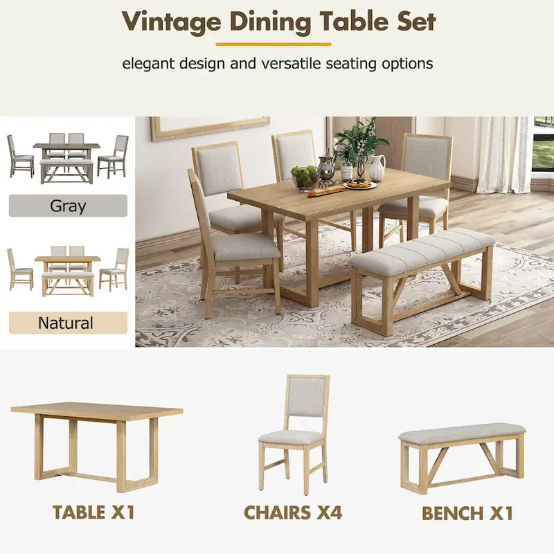 Table à manger 6 pièces avec plateau rectangulaire en bois d'acacia, 4 chaises et 1 banc