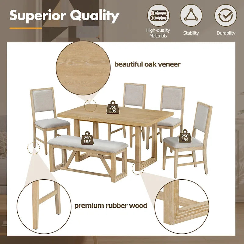 Table à manger 6 pièces avec plateau rectangulaire en bois d'acacia, 4 chaises et 1 banc