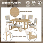 Table à manger 6 pièces avec plateau rectangulaire en bois d'acacia, 4 chaises et 1 banc