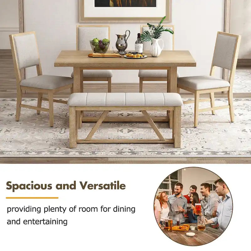 Table à manger 6 pièces avec plateau rectangulaire en bois d'acacia, 4 chaises et 1 banc