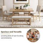 Table à manger 6 pièces avec plateau rectangulaire en bois d'acacia, 4 chaises et 1 banc
