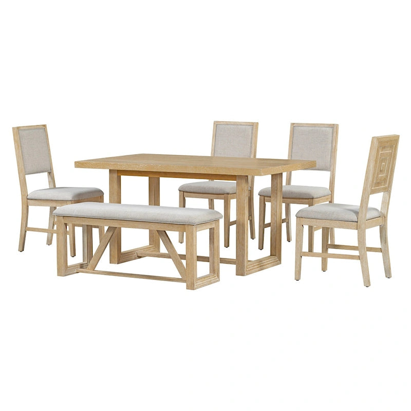 Table à manger 6 pièces avec plateau rectangulaire en bois d'acacia, 4 chaises et 1 banc