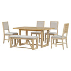 Table à manger 6 pièces avec plateau rectangulaire en bois d'acacia, 4 chaises et 1 banc