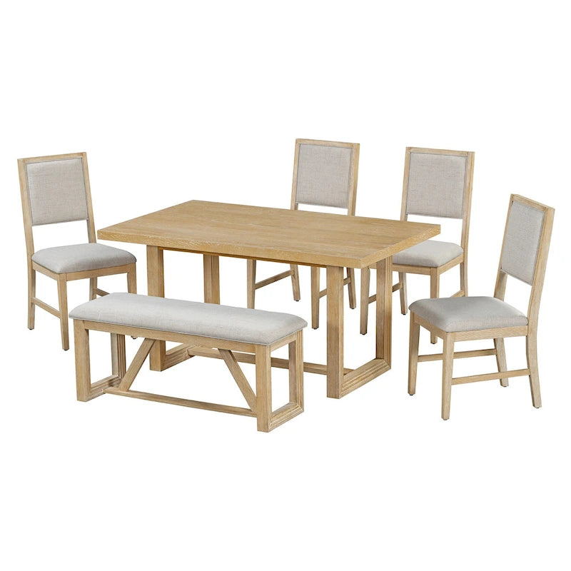 Table à manger 6 pièces avec plateau rectangulaire en bois d'acacia, 4 chaises et 1 banc