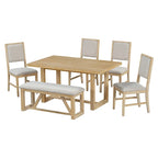 Table à manger 6 pièces avec plateau rectangulaire en bois d'acacia, 4 chaises et 1 banc