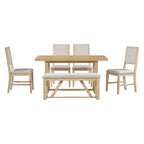 Table à manger 6 pièces avec plateau rectangulaire en bois d'acacia, 4 chaises et 1 banc