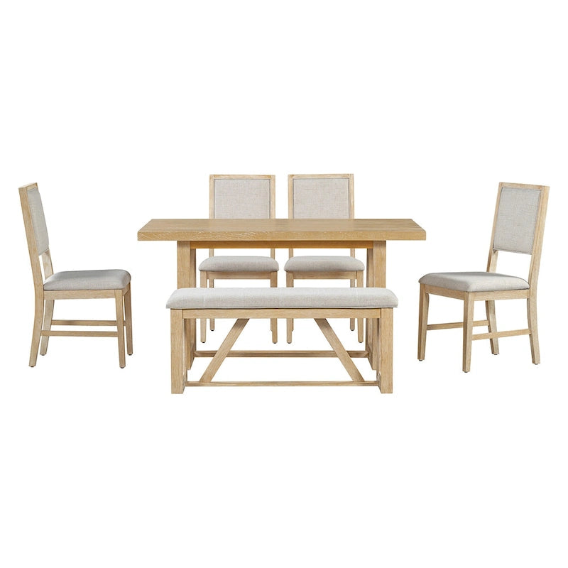 Table à manger 6 pièces avec plateau rectangulaire en bois d'acacia, 4 chaises et 1 banc