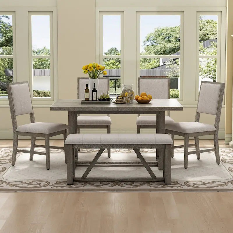 Table à manger 6 pièces avec plateau rectangulaire en bois d'acacia, 4 chaises et 1 banc