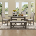 Table à manger 6 pièces avec plateau rectangulaire en bois d'acacia, 4 chaises et 1 banc