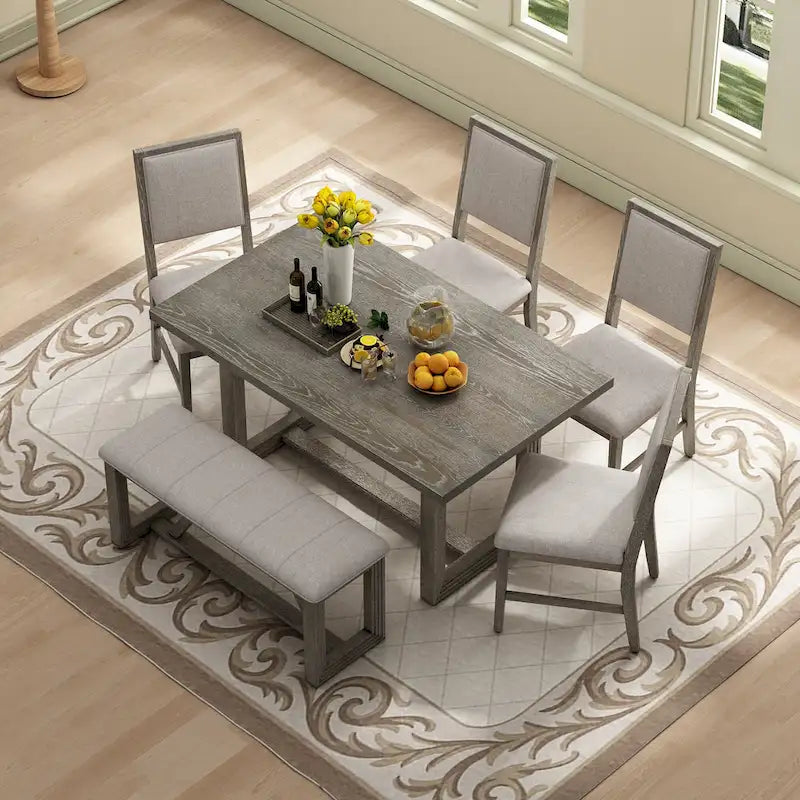 Table à manger 6 pièces avec plateau rectangulaire en bois d'acacia, 4 chaises et 1 banc