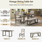 Table à manger 6 pièces avec plateau rectangulaire en bois d'acacia, 4 chaises et 1 banc