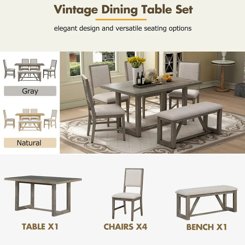 Table à manger 6 pièces avec plateau rectangulaire en bois d'acacia, 4 chaises et 1 banc