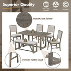 Table à manger 6 pièces avec plateau rectangulaire en bois d'acacia, 4 chaises et 1 banc