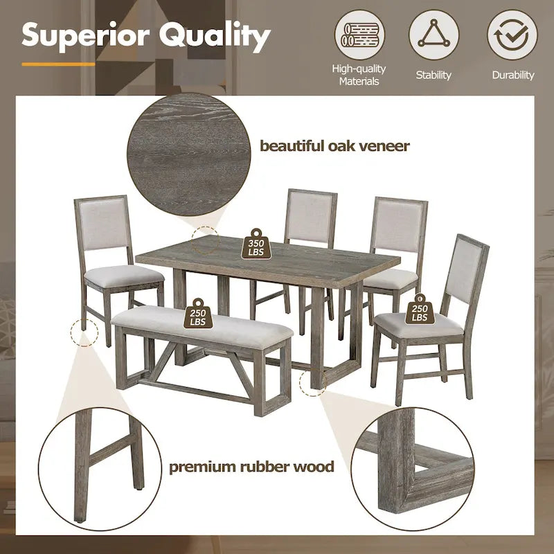 Table à manger 6 pièces avec plateau rectangulaire en bois d'acacia, 4 chaises et 1 banc