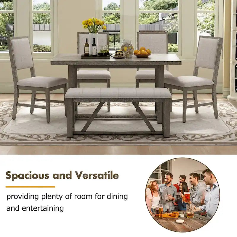 Table à manger 6 pièces avec plateau rectangulaire en bois d'acacia, 4 chaises et 1 banc
