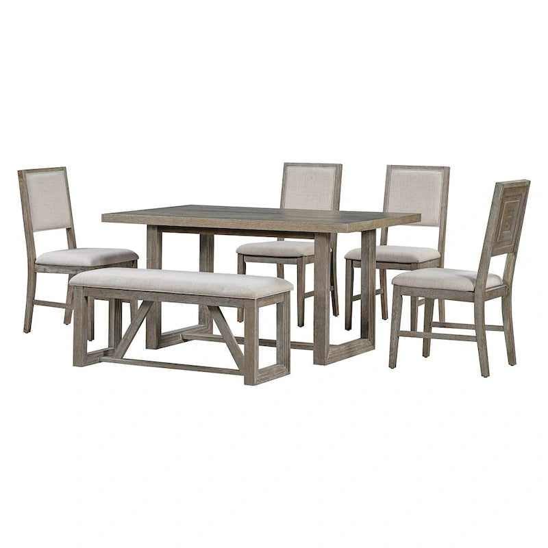 Table à manger 6 pièces avec plateau rectangulaire en bois d'acacia, 4 chaises et 1 banc