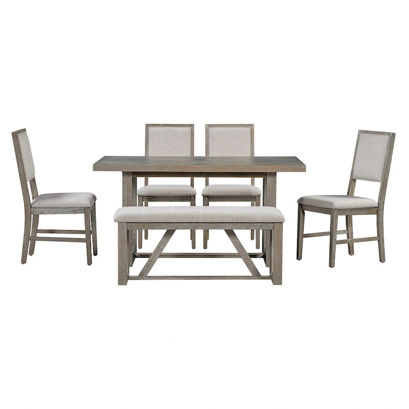Table à manger 6 pièces avec plateau rectangulaire en bois d'acacia, 4 chaises et 1 banc