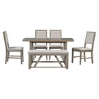 Table à manger 6 pièces avec plateau rectangulaire en bois d'acacia, 4 chaises et 1 banc