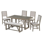 Table à manger 6 pièces avec plateau rectangulaire en bois d'acacia, 4 chaises et 1 banc