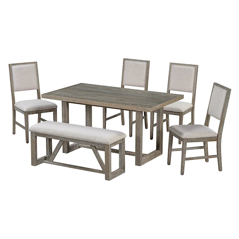 Table à manger 6 pièces avec plateau rectangulaire en bois d'acacia, 4 chaises et 1 banc