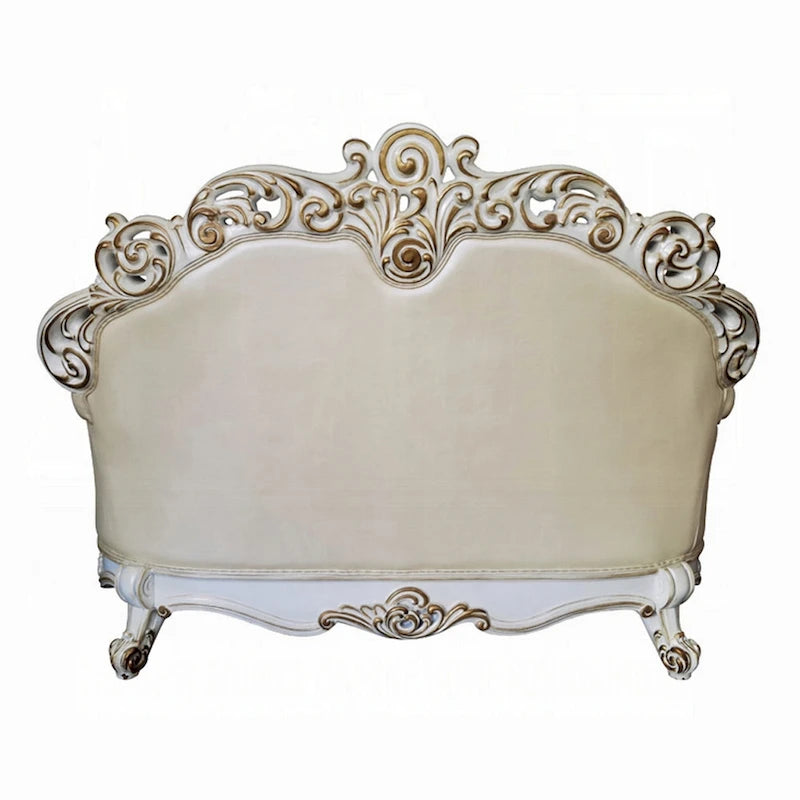 Causeuse Antoine, sculptée, similicuir couleur champagne, blanc perle 70 pouces