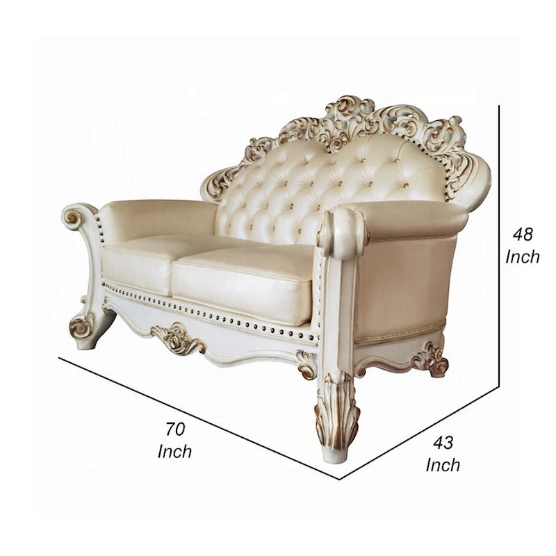 Causeuse Antoine, sculptée, similicuir couleur champagne, blanc perle 70 pouces