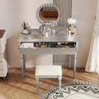 Coiffeuse de luxe avec miroir rond, réglable en hauteur, ensemble de coiffeuse élégant, 4 tiroirs et tabouret