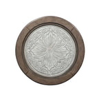 Table basse avec plateau rond en carrelage, coloris blanc antique et tabac