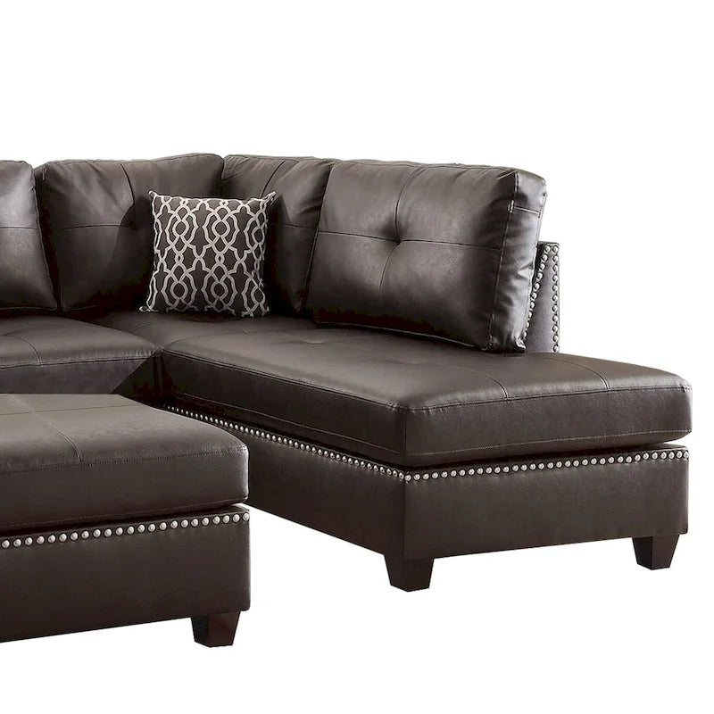 Ensemble sectionnel trois pièces en cuir reconstitué peluché, couleur marron