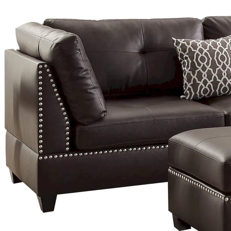 Ensemble sectionnel trois pièces en cuir reconstitué peluché, couleur marron