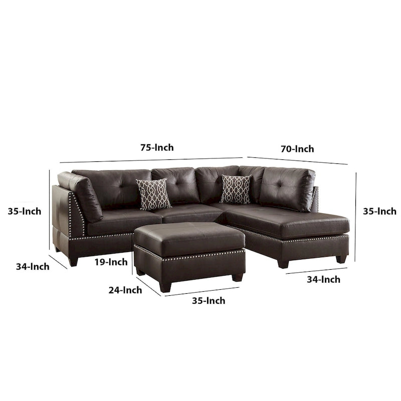 Ensemble sectionnel trois pièces en cuir reconstitué peluché, couleur marron