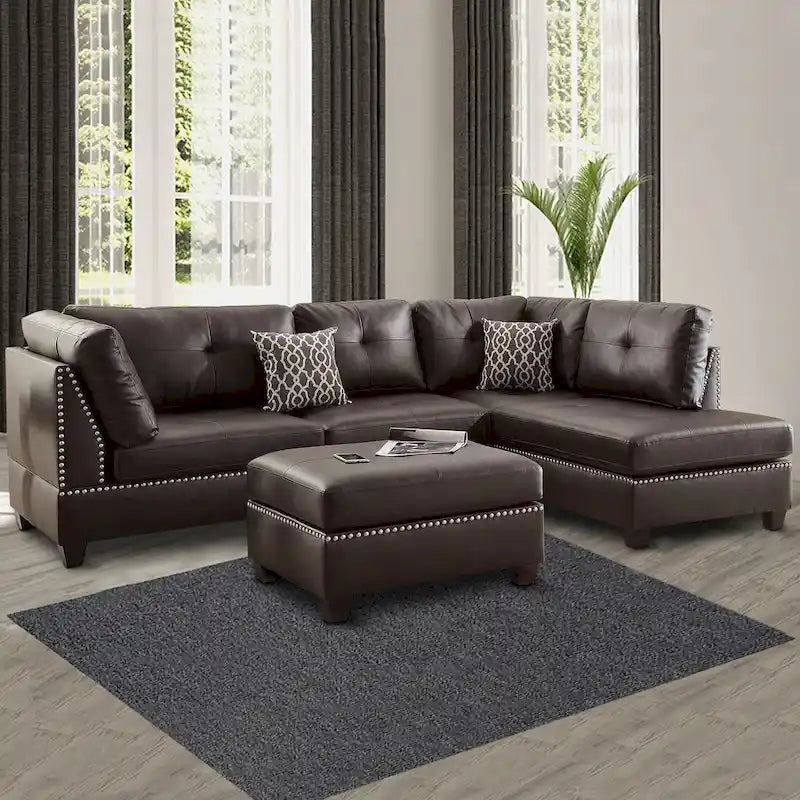 Ensemble sectionnel trois pièces en cuir reconstitué peluché, couleur marron