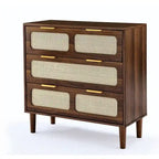 Commode 3 tiroirs en rotin, style bohème moderne du milieu du siècle, avec cadre en MDF et pieds en bois massif, commode