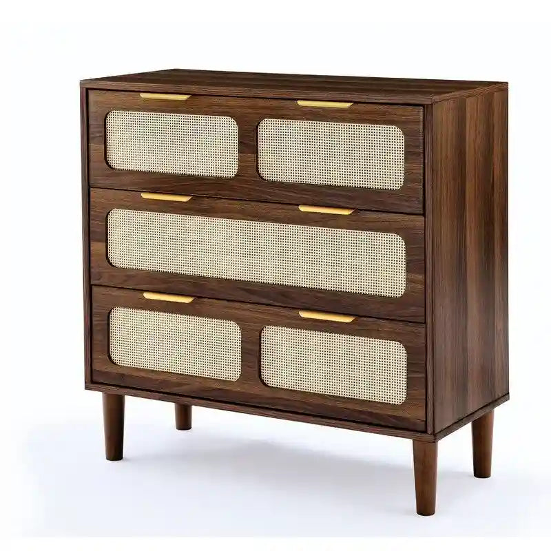Commode 3 tiroirs en rotin, style bohème moderne du milieu du siècle, avec cadre en MDF et pieds en bois massif, commode