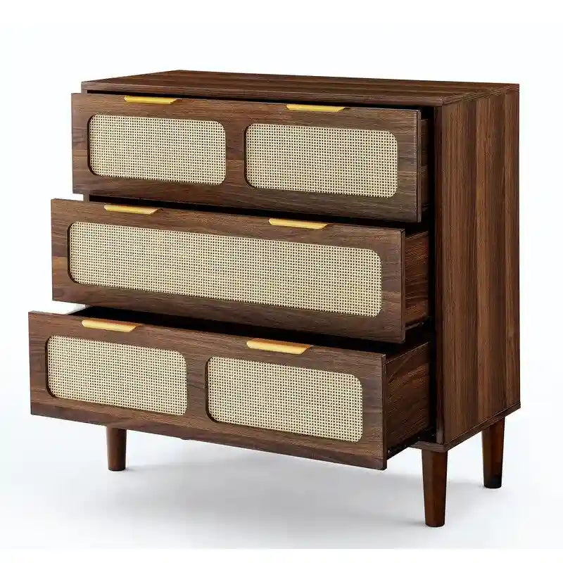 Commode 3 tiroirs en rotin, style bohème moderne du milieu du siècle, avec cadre en MDF et pieds en bois massif, commode